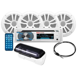 Boss Audio MCK508WB.64S AM/FM Radio Receiver CD Player USB Port SD Card Slot Bluetooth Marine Stereo With 4 Waterproof Speakers Antenna Remote And Cover