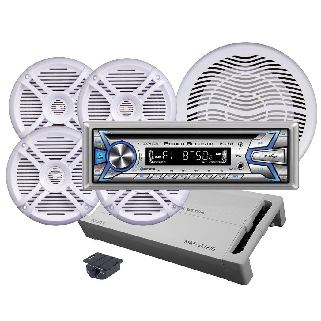 Power Acoustik MCD51B AM/FM Radio Receiver CD Player USB Port Bluetooth Marine Stereo With 4 Waterproof Speakers 5 Channel Amplifier And Subwoofer